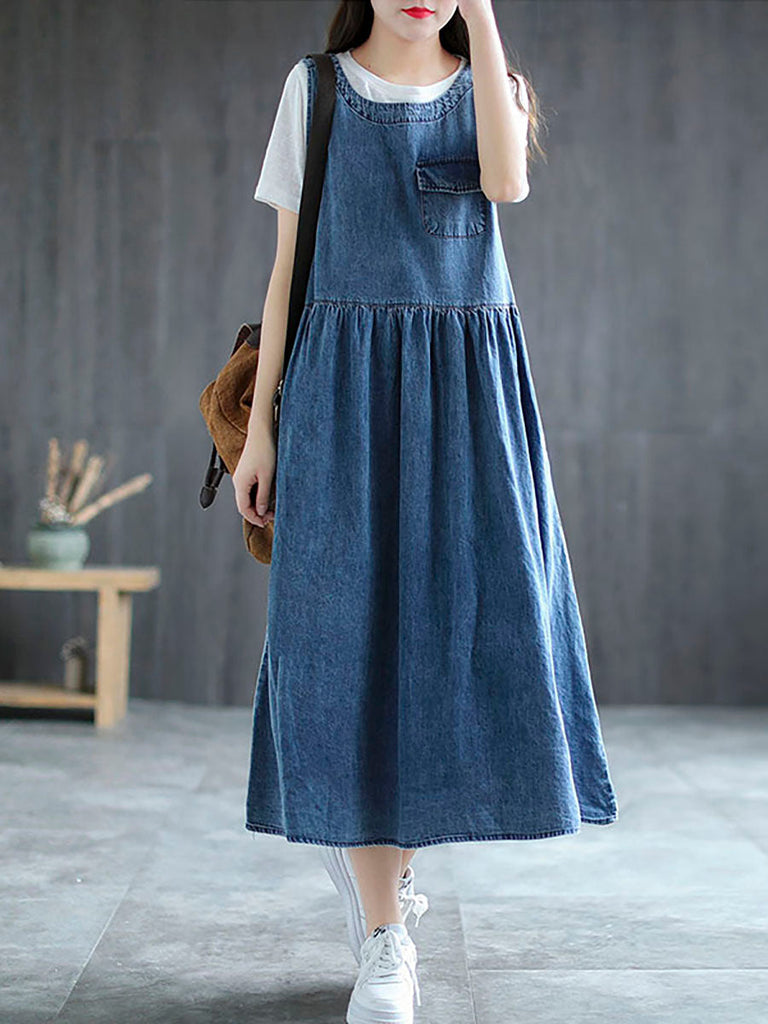 Plus Size Denim Pleated Long Sleeveless Pinafore Dress AI1083 Buykud