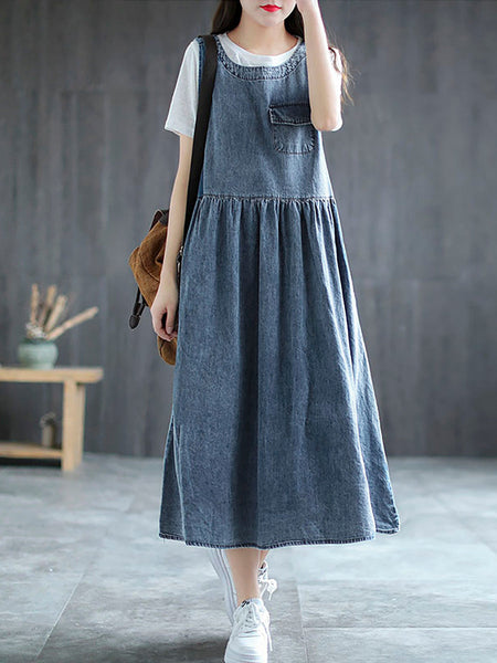 Plus Size Denim Pleated Long Sleeveless Pinafore Dress AI1083 Buykud