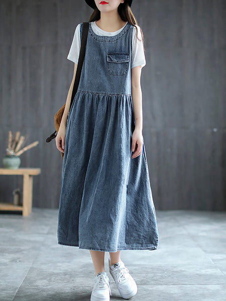 Plus Size Denim Pleated Long Sleeveless Pinafore Dress AI1083 Buykud