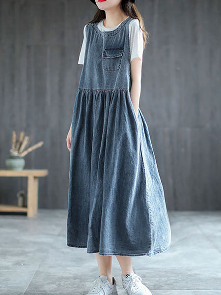 Plus Size Denim Pleated Long Sleeveless Pinafore Dress AI1083 Buykud