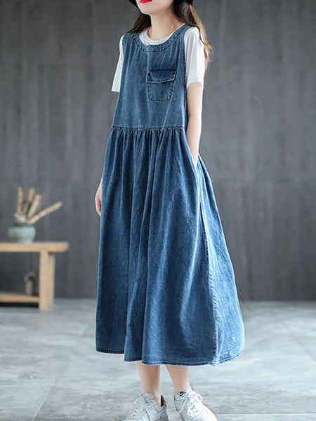 Plus Size Denim Pleated Long Sleeveless Pinafore Dress AI1083 Buykud