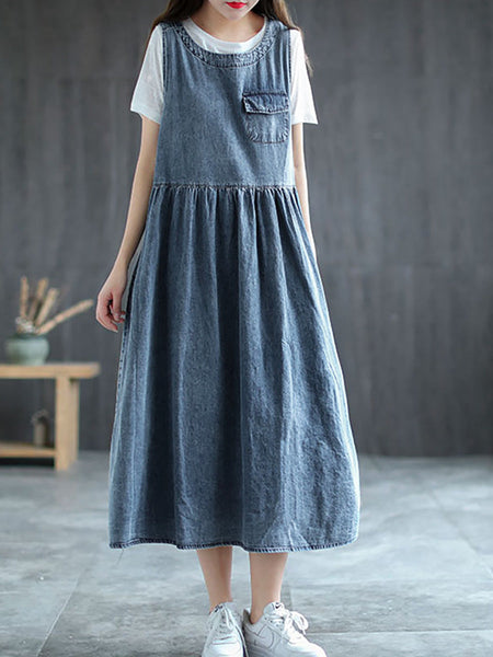 Plus Size Denim Pleated Long Sleeveless Pinafore Dress AI1083 Buykud