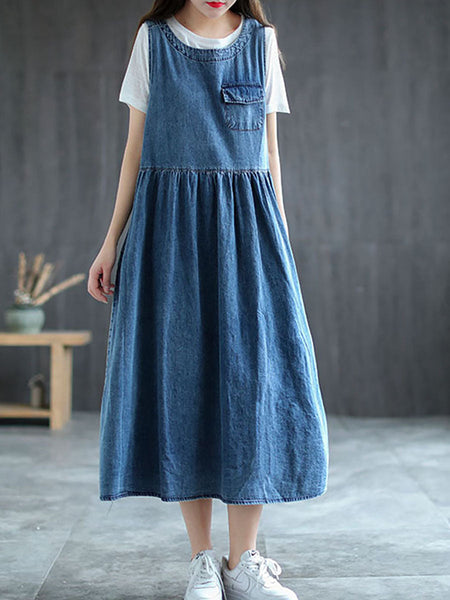 Plus Size Denim Pleated Long Sleeveless Pinafore Dress AI1083 Buykud