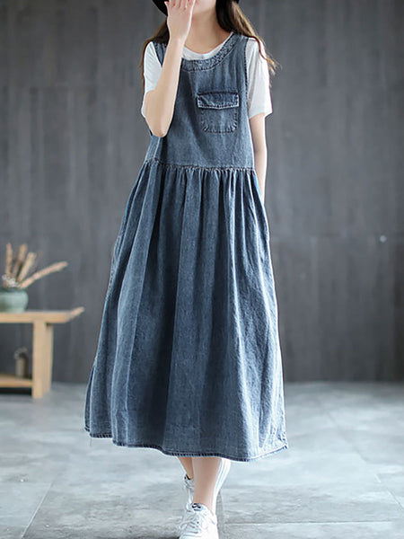 Plus Size Denim Pleated Long Sleeveless Pinafore Dress AI1083 Buykud