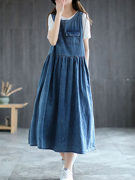 Plus Size Denim Pleated Long Sleeveless Pinafore Dress AI1083 Buykud