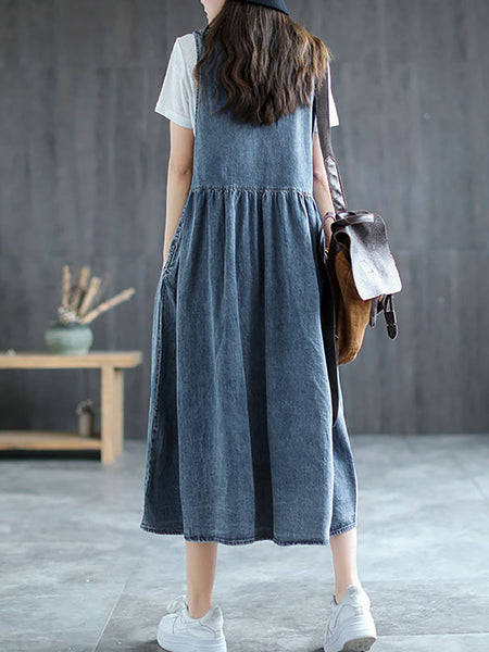 Plus Size Denim Pleated Long Sleeveless Pinafore Dress AI1083 Buykud