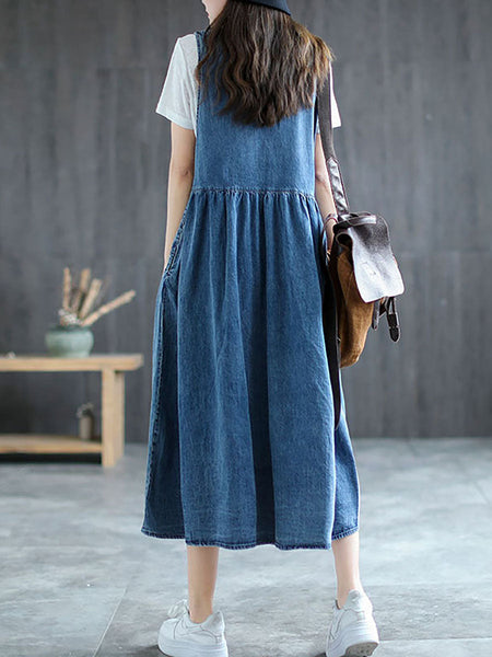 Plus Size Denim Pleated Long Sleeveless Pinafore Dress AI1083 Buykud