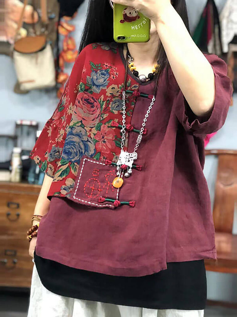 Plus Size Women Embroidered Floral Retro Ramie Cotton Stitching T-shirt AS1029 Ada Fashion