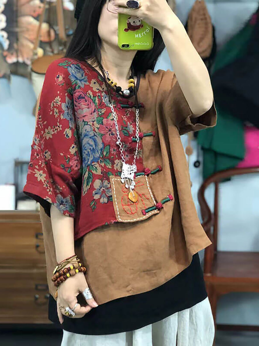 Plus Size Women Embroidered Floral Retro Ramie Cotton Stitching T-shirt AS1029 Ada Fashion