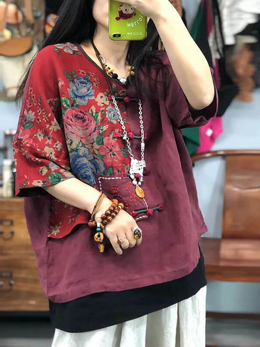 Plus Size Women Embroidered Floral Retro Ramie Cotton Stitching T-shirt AS1029 Ada Fashion