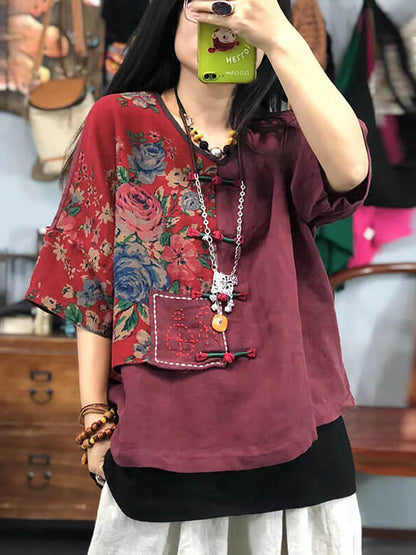 Plus Size Women Embroidered Floral Retro Ramie Cotton Stitching T-shirt AS1029 Ada Fashion