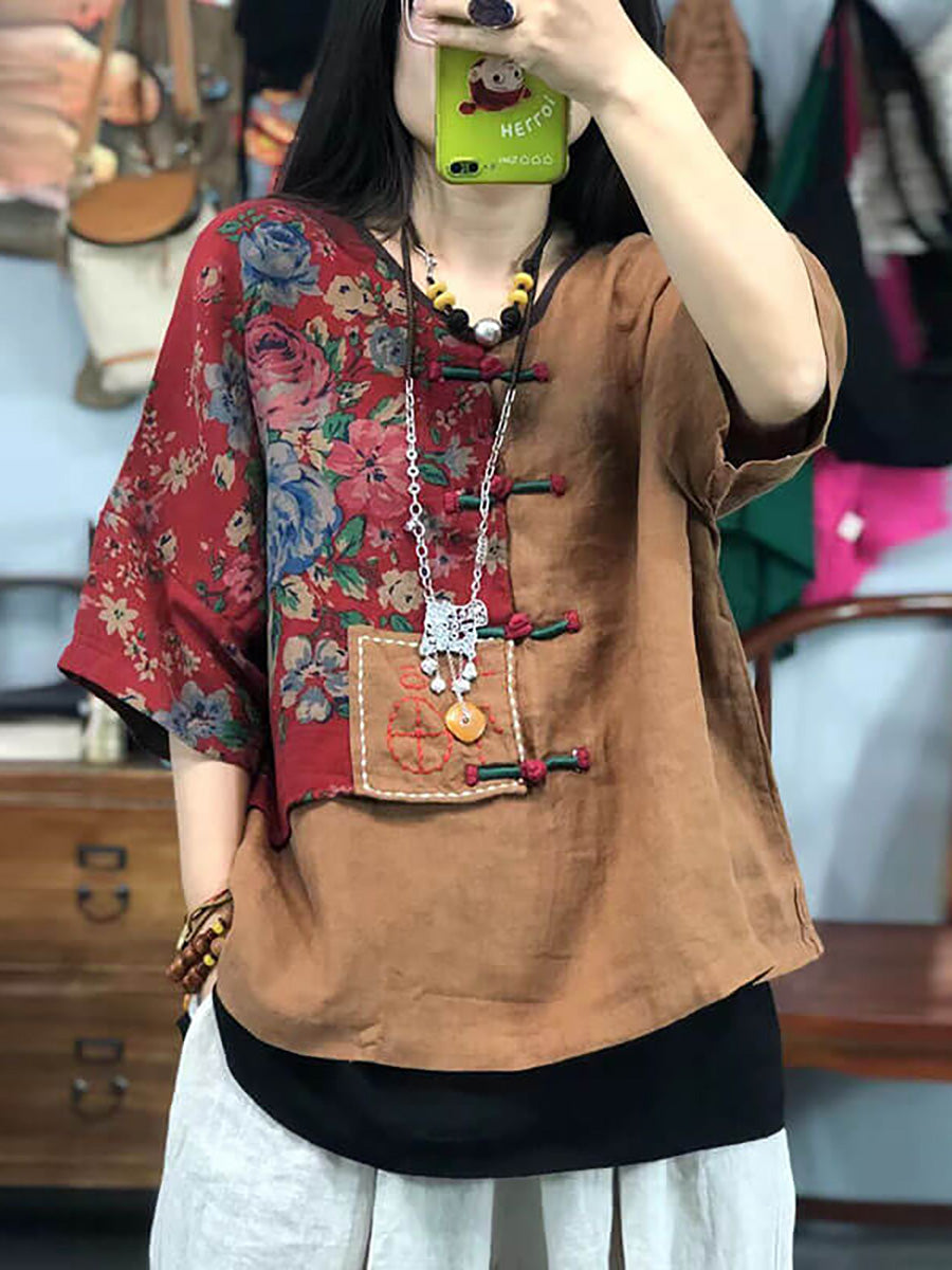 Plus Size Women Embroidered Floral Retro Ramie Cotton Stitching T-shirt AS1029 Ada Fashion