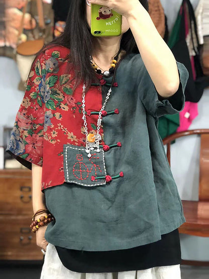 Plus Size Women Embroidered Floral Retro Ramie Cotton Stitching T-shirt AS1029 Ada Fashion