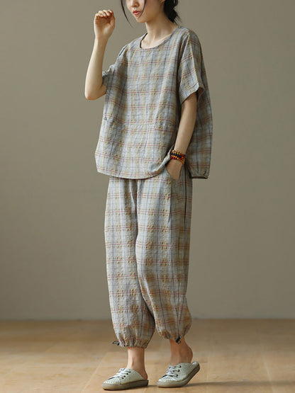 Plus Size Linen Plaid Drawstring Two Pieces Sets AA1056 Ada Fashion