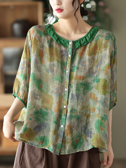 Plus Size Floral Ramie Vintage Summer Women Shirt RR1061 GKFS
