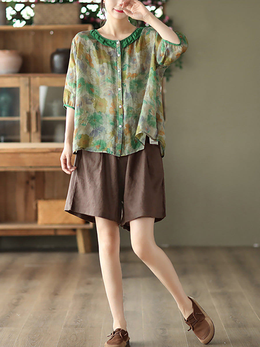 Plus Size Floral Ramie Vintage Summer Women Shirt RR1061 GKFS