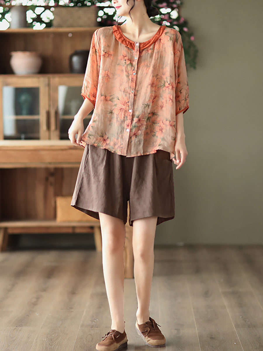 Plus Size Floral Ramie Vintage Summer Women Shirt RR1061 GKFS