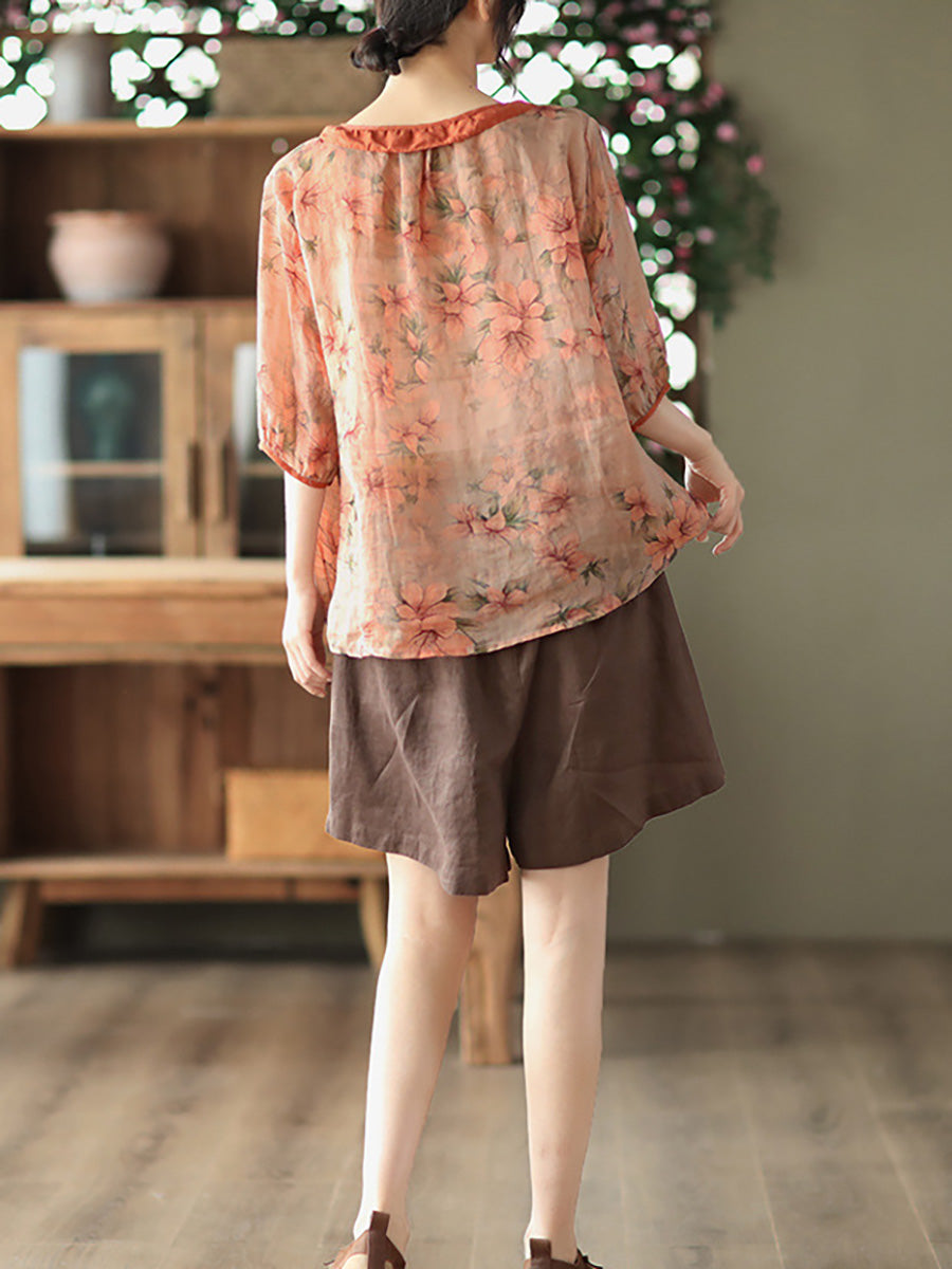 Plus Size Floral Ramie Vintage Summer Women Shirt RR1061 GKFS