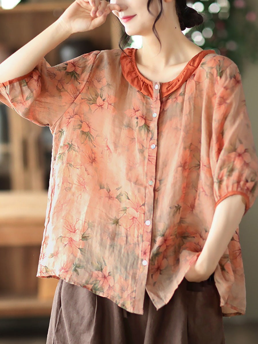 Plus Size Floral Ramie Vintage Summer Women Shirt RR1061 GKFS