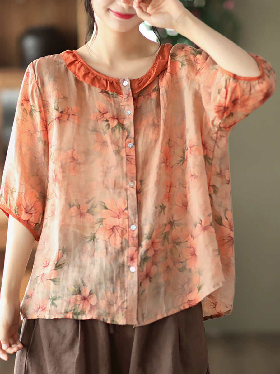 Plus Size Floral Ramie Vintage Summer Women Shirt RR1061 GKFS