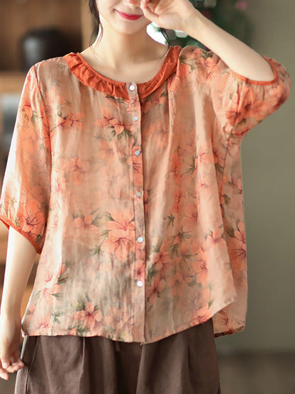 Plus Size Floral Ramie Vintage Summer Women Shirt RR1061 GKFS