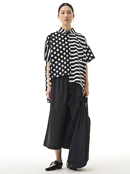 Plus Size Women Cotton Stripe Dot Loose Irregular Shirt AA1022 Ada Fashion
