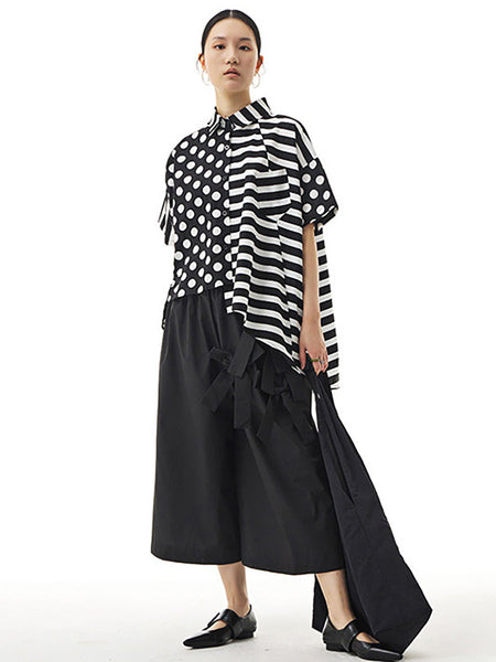 Plus Size Women Cotton Stripe Dot Loose Irregular Shirt AA1022 Ada Fashion