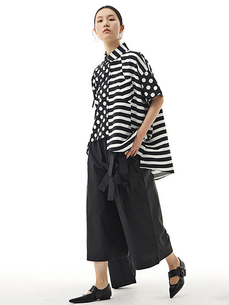 Plus Size Women Cotton Stripe Dot Loose Irregular Shirt AA1022 Ada Fashion