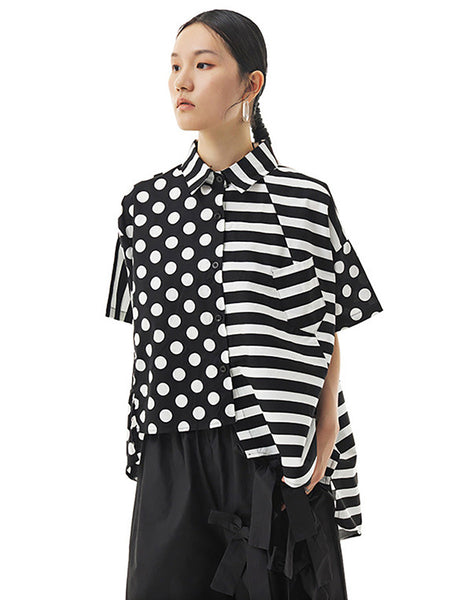 Plus Size Women Cotton Stripe Dot Loose Irregular Shirt AA1022 Ada Fashion