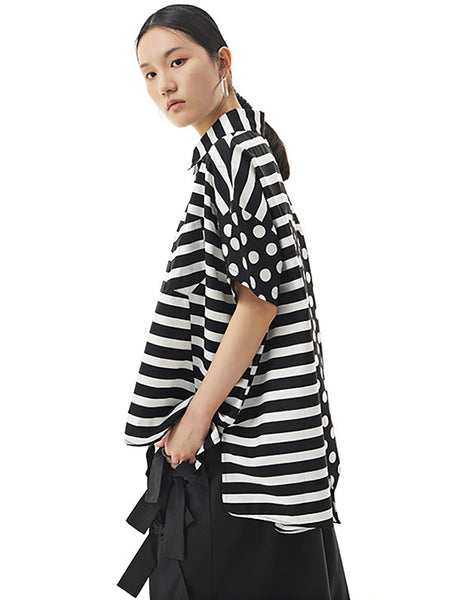 Plus Size Women Cotton Stripe Dot Loose Irregular Shirt AA1022 Ada Fashion