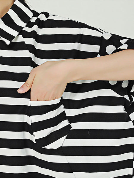 Plus Size Women Cotton Stripe Dot Loose Irregular Shirt AA1022 Ada Fashion