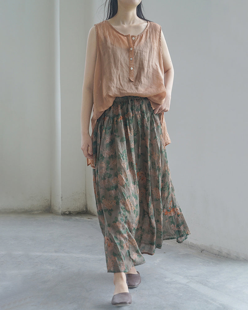 Women Floral Ramie Casual Summer Skirt HH031 MH