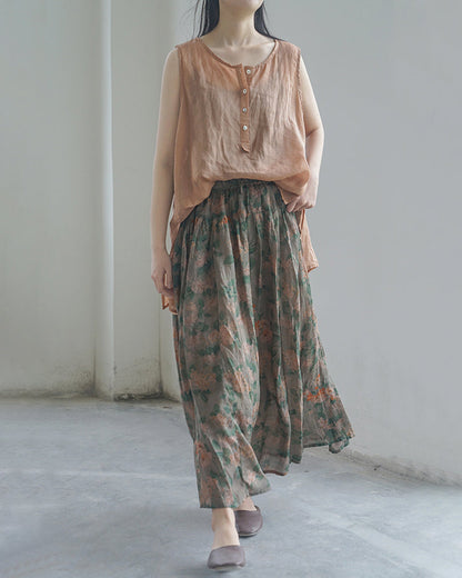 Women Floral Ramie Casual Summer Skirt HH031 MH