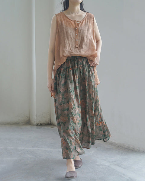 Women Floral Ramie Casual Summer Skirt HH031 MH