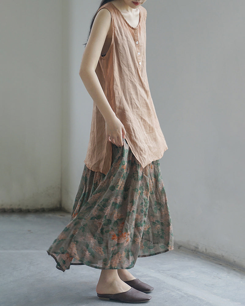 Women Floral Ramie Casual Summer Skirt HH031 MH