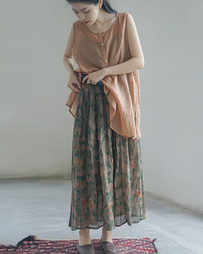 Women Floral Ramie Casual Summer Skirt HH031 MH