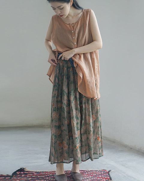 Women Floral Ramie Casual Summer Skirt HH031 MH