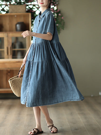 Women Summer Casual Solid Button-up Pleated Dress LL024 ZMMM