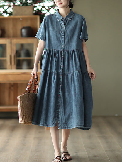 Women Summer Casual Solid Button-up Pleated Dress LL024 ZMMM