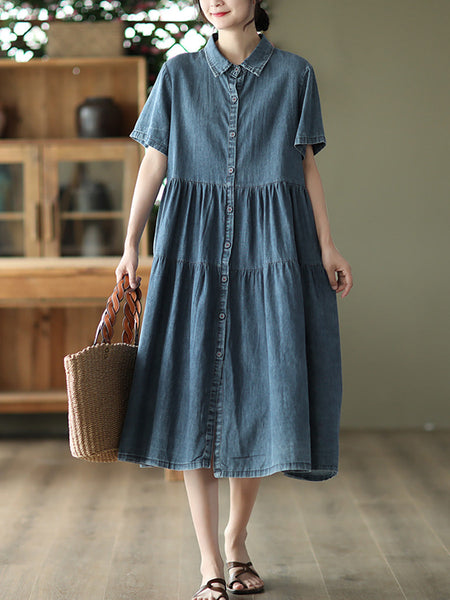 Women Summer Casual Solid Button-up Pleated Dress LL024 ZMMM