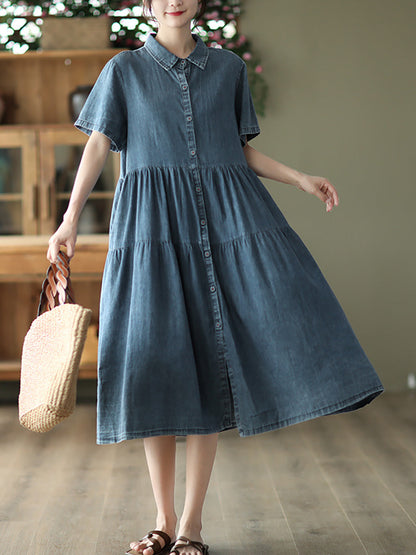 Women Summer Casual Solid Button-up Pleated Dress LL024 ZMMM