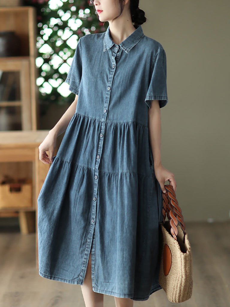 Women Summer Casual Solid Button-up Pleated Dress LL024 ZMMM