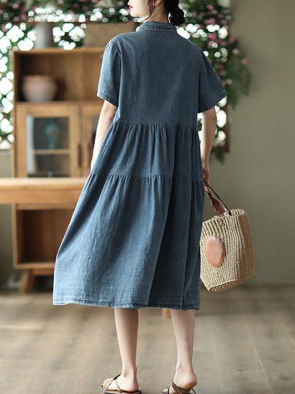 Women Summer Casual Solid Button-up Pleated Dress LL024 ZMMM