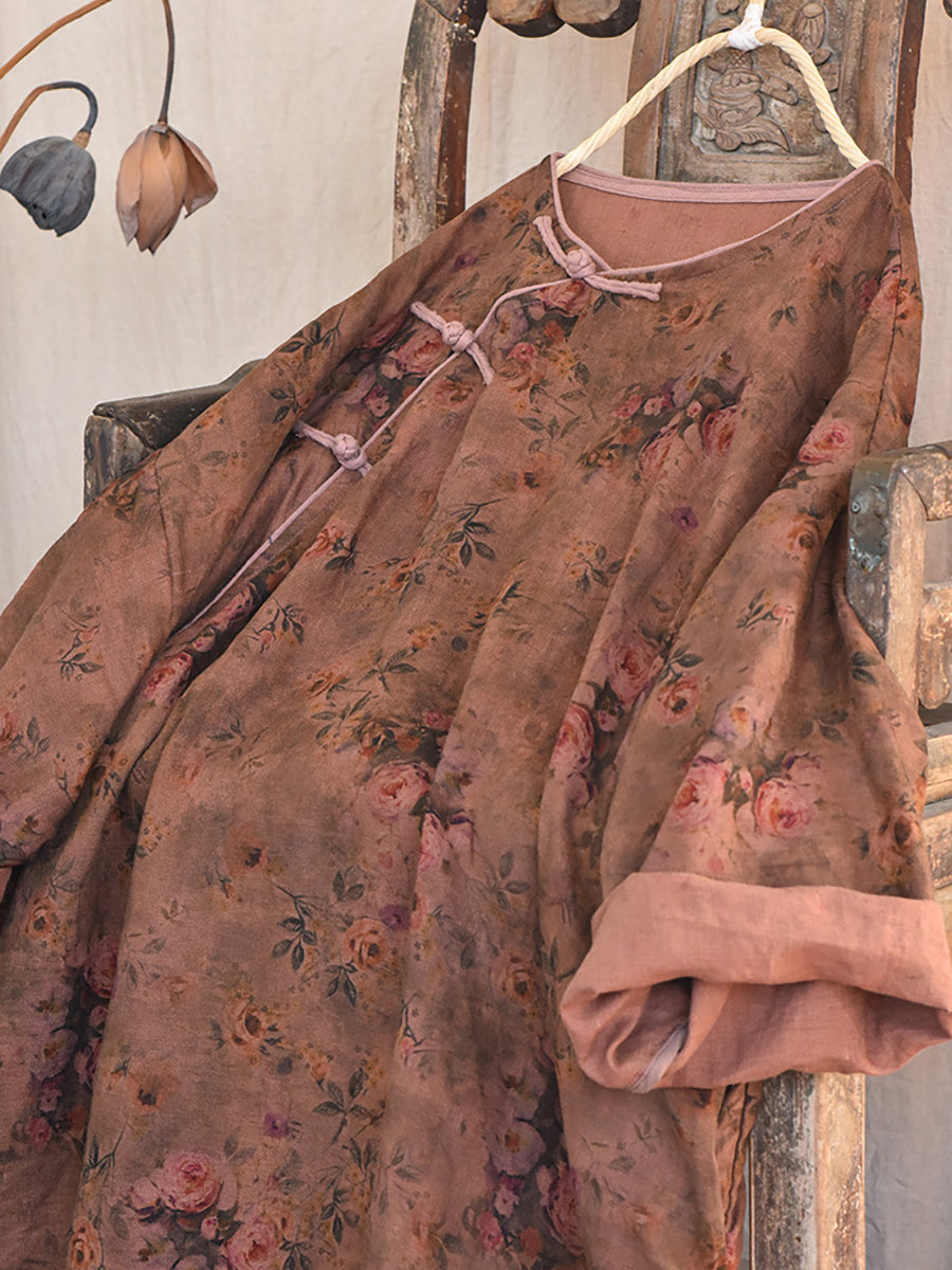 Plus Size Floral Autumn Vintage Linen Women Loose Dress AI1082 QYMM