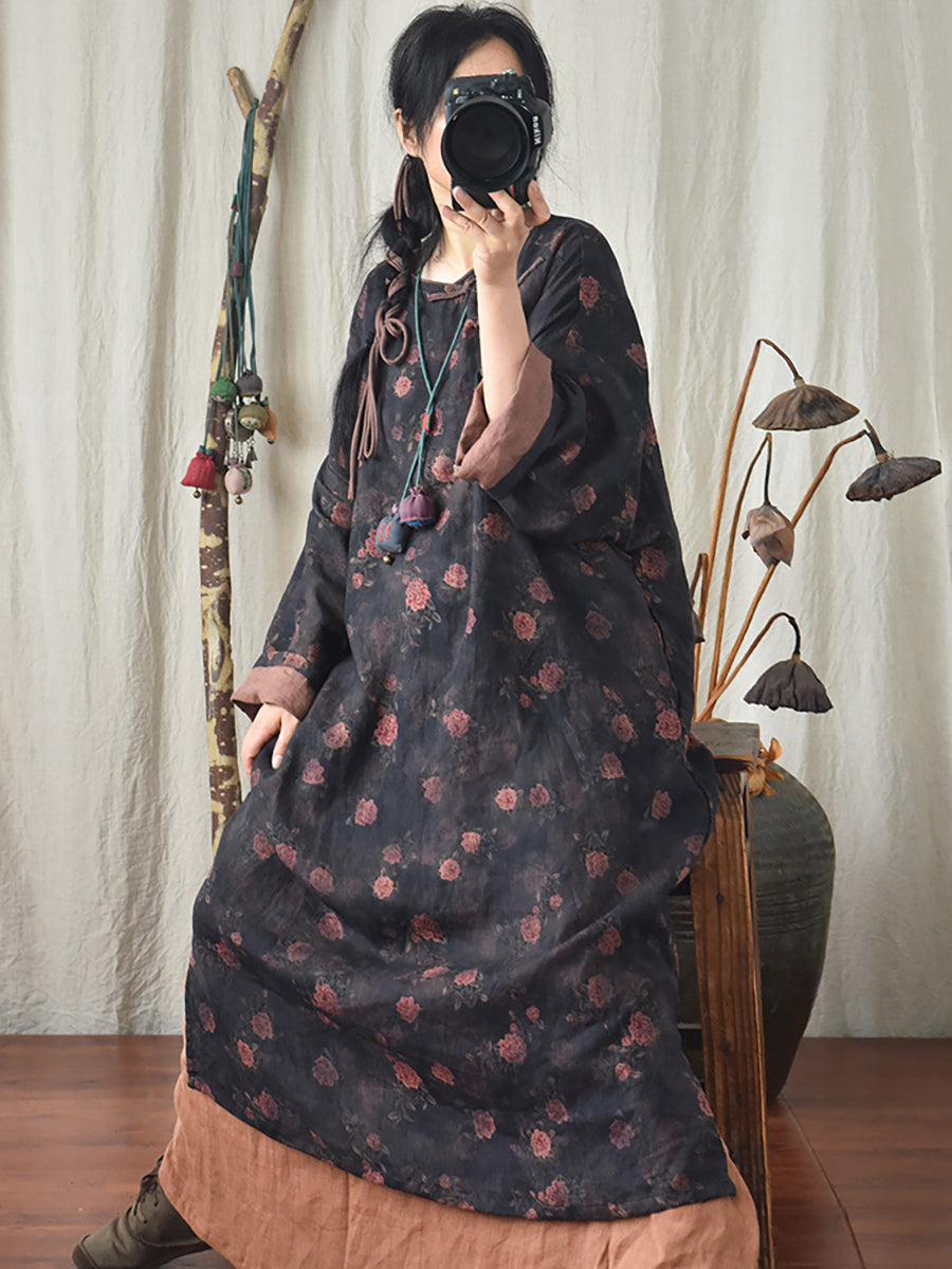 Plus Size Floral Autumn Vintage Linen Women Loose Dress AI1082 QYMM