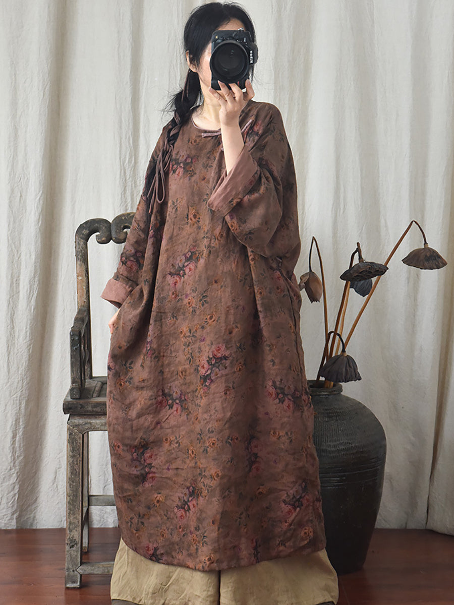 Plus Size Floral Autumn Vintage Linen Women Loose Dress AI1082 QYMM