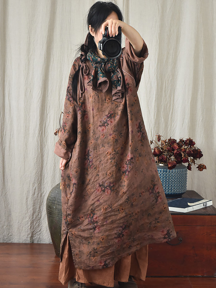 Plus Size Floral Autumn Vintage Linen Women Loose Dress AI1082 QYMM