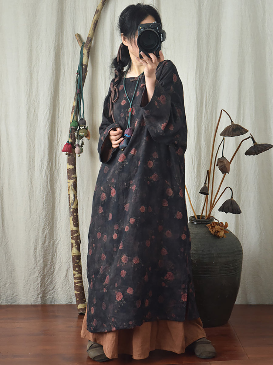Plus Size Floral Autumn Vintage Linen Women Loose Dress AI1082 QYMM