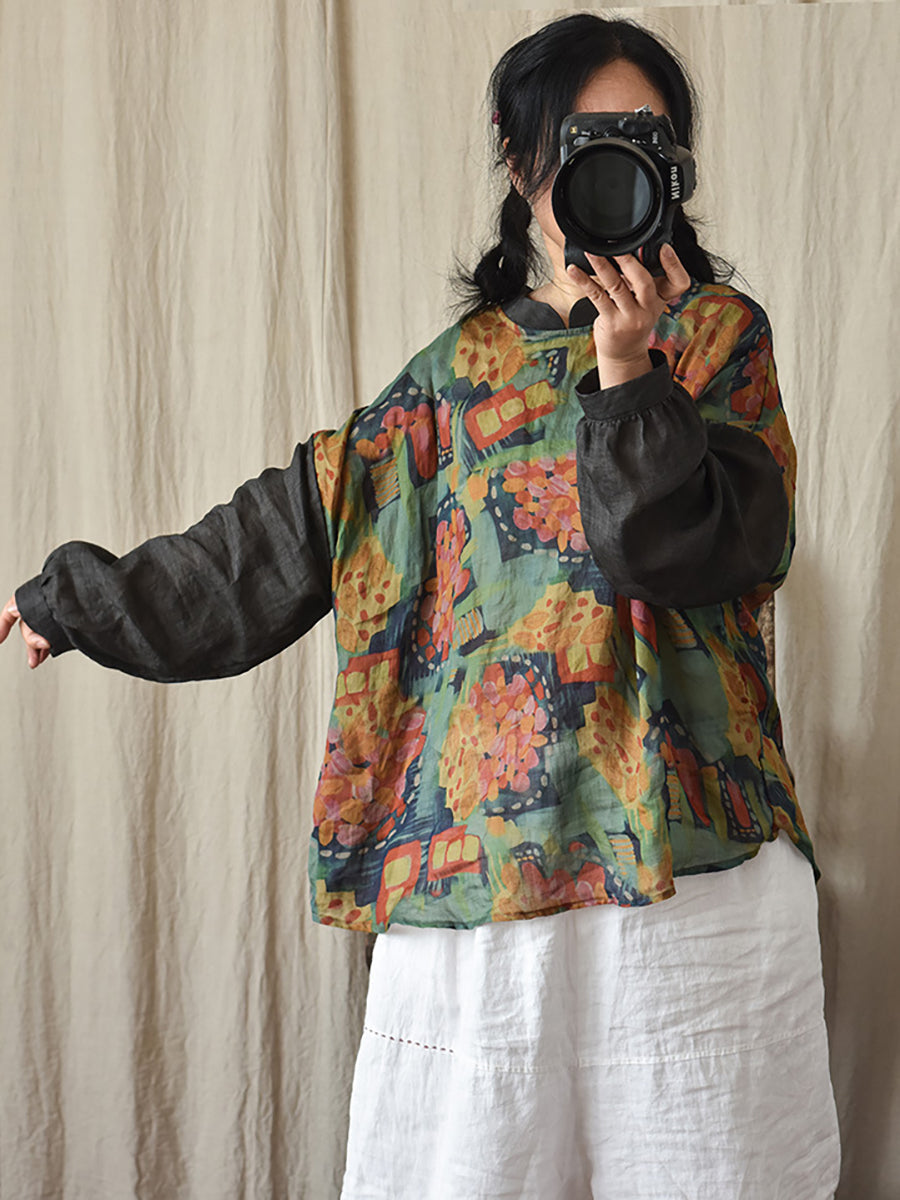 Ramie Floral Vintage Women Loose T Shirt AI1081 QYMM