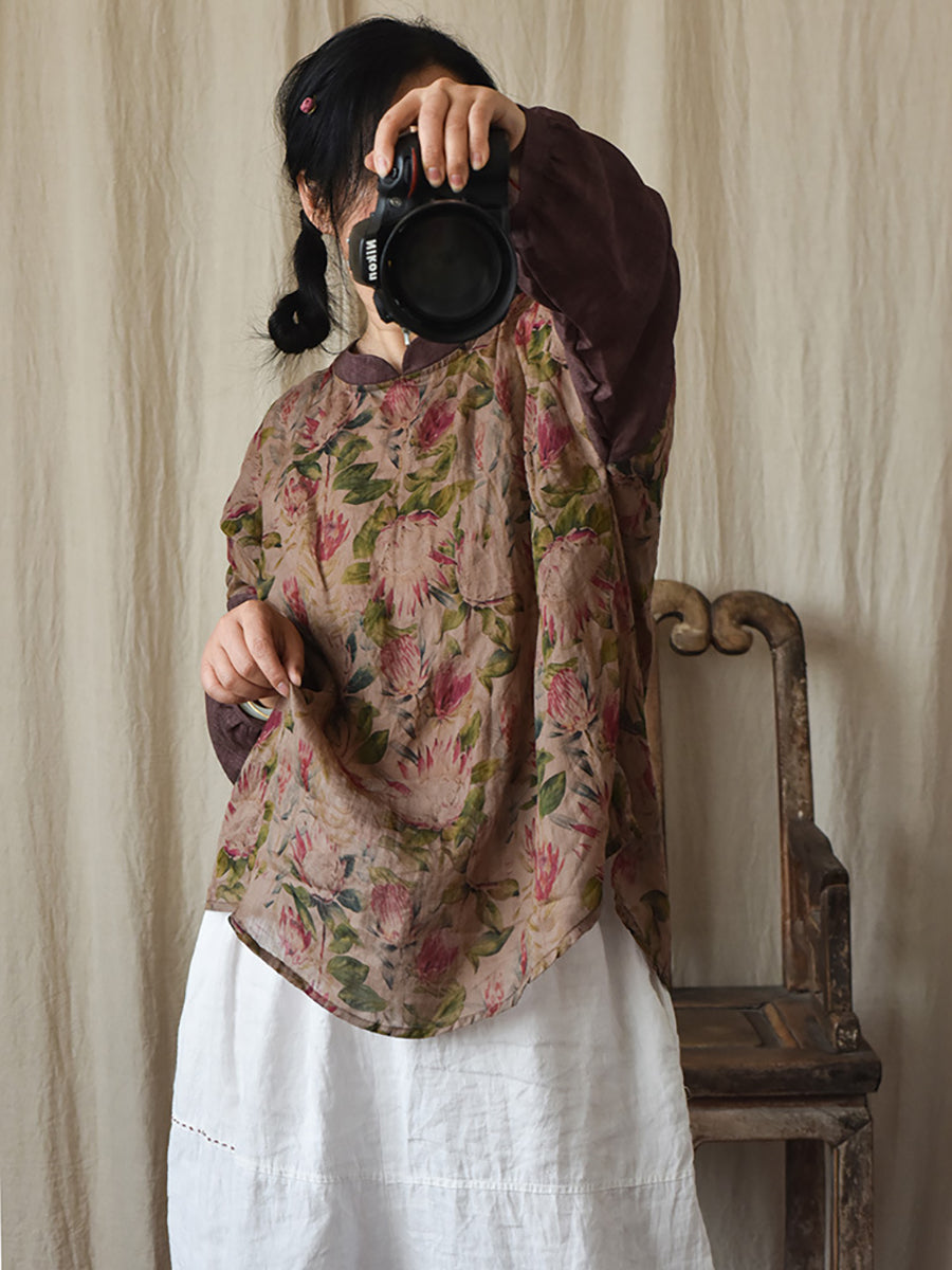 Ramie Floral Vintage Women Loose T Shirt AI1081 QYMM